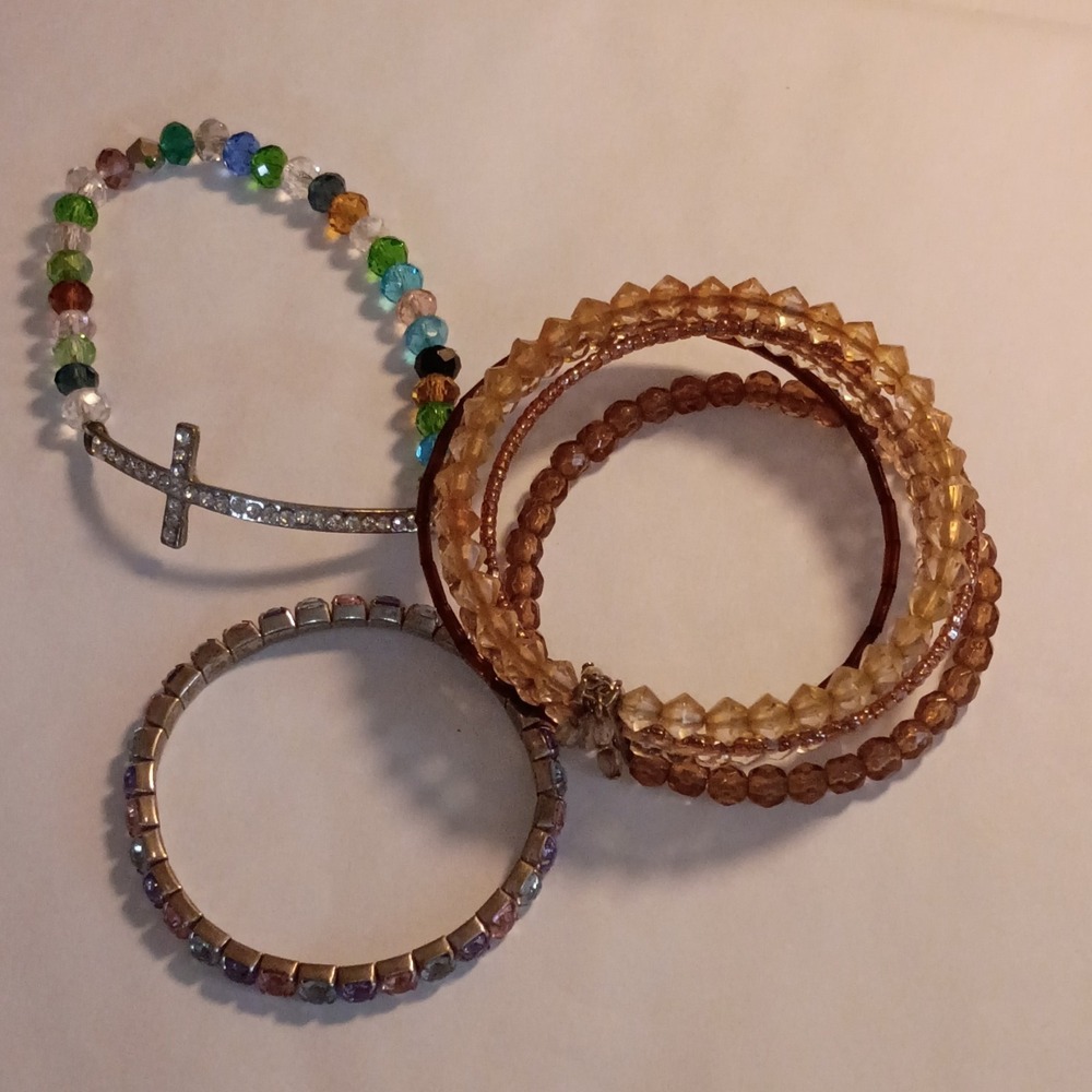 Multicolor Glass Beaded Stretch Bracelet‎ Lot with Cross Dangle Charm, Stackable